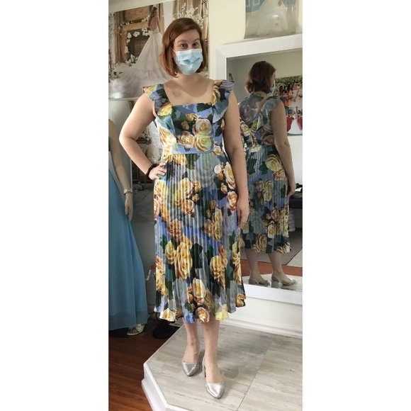 Blue Floral Satin Pleated Dress - Picture 2 of 3